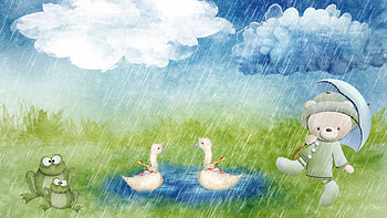 Dancing in the Rain, rain, shower, April, cute, grass, spring, ducks, teddy bear, dancing, puddles, frogs, clouds, whimsical, sky HD wallpaper