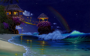Rainbow Moon, night, painting, rainbow, moon, ocean HD wallpaper