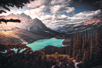 Breathtaking view of Peyto Lake surrounded by mountains and forest under a dramatic sky. HD wallpaper