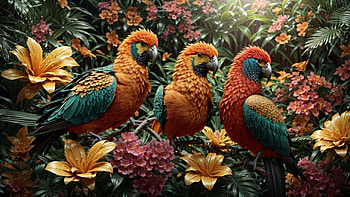Colorful Birds, bird, colorful, flower, jungle, tree HD wallpaper