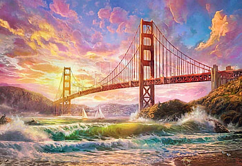 Sunset on Golden Gate Bridge, colors, clouds, bay, san francisco, sky, water, california, artwork, waves, painting HD wallpaper