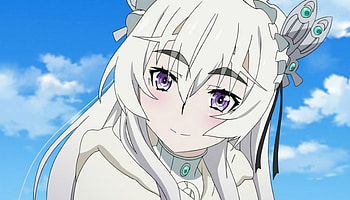 ~Cutie Chaika~, white, smile, ribbon, chaika, long hair, dress, purple eyes, hitsugi no chaika, cute girl, anime, white hair, butterfly ribbon, happy, pretty girl HD wallpaper