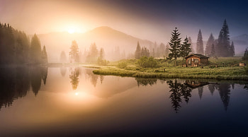 Cabin in the woods, nature, wood, Cabin, lake HD wallpaper