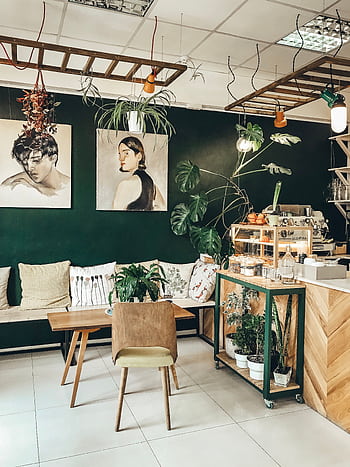 Stylish café interior featuring modern décor, green walls, plants, and comfortable seating. HD phone wallpaper
