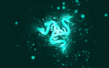 Razer turquoise logo, , turquoise neon lights, creative, turquoise abstract background, Razer logo, brands, Razer HD wallpaper