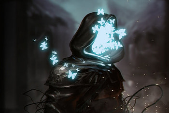 Mysterious..., night, butterflies, black hood, mystery, glowing, man, figure HD wallpaper