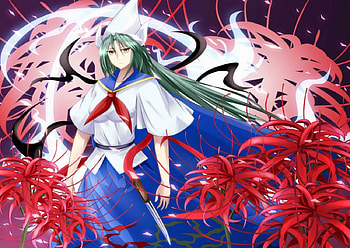 Mima, long hair, anime, cape, weapon, touhou, green hair, flowers, green eyes, hat HD wallpaper