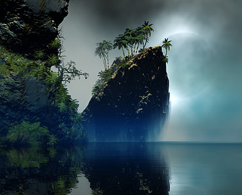 The coast, island, sea, coast, summer, digital, palm tree, fantasy, moon, luna, luminos, water, angel estevez, vara HD wallpaper