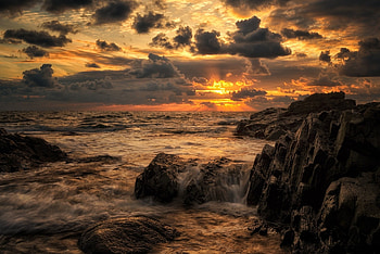 Sunset, sea, clouds, sea view, sky, nature, splendor, ocean waves HD wallpaper