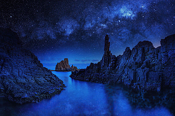 Ocean Rocks On Starry Night , evening, rocks, stars, nature, blue, sea HD wallpaper