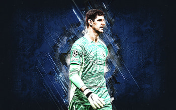 Thibaut Courtois, Belgian footballer, goalkeeper, Real Madrid, La Liga, blue stone background, Courtois Real Madrid, football HD wallpaper