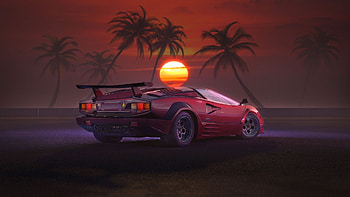 Retrowave, OutDrive, car, sunset, artwork HD wallpaper