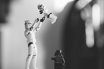 Stormtrooper Darth Vader Toy Monochrome, stormtrooper, darth-vader, toys, monochrome, black-and-white, star-wars, movies HD wallpaper