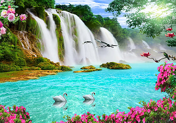 Paradise waterfalls, swans, art, paradise, waterfall, flowers, beautiful, spring, river, lake, forest HD wallpaper