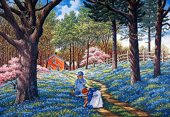 Bluebonnets, children, painting, fence, house, trees, flowers HD wallpaper