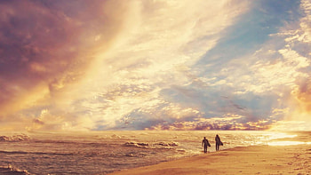 spectacular beach scape, sea, clouds, surfers, beach HD wallpaper
