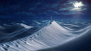 Moonlight, sand, fantasy, moon, desert, luminos, silhouette, night, blue, frumusete, luna HD wallpaper