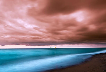 Sky sea and land, blue, sea, shore, ship, clouds, sky, billowing HD wallpaper