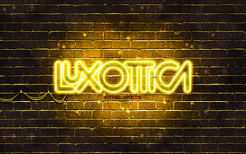 Luxottica yellow logo, , yellow brickwall, Luxottica logo, brands, Luxottica neon logo, Luxottica HD wallpaper