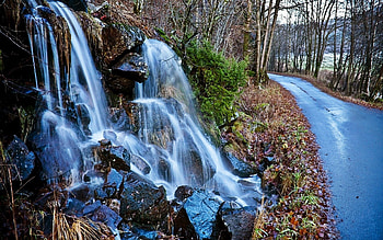 Nature, Trees, Waterfall, Road, Asphalt HD wallpaper