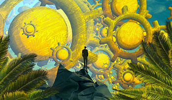Dream, surreal, man, gears, fantasy, art HD wallpaper