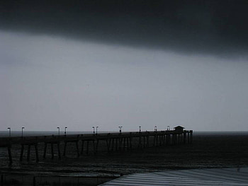 The-Calm-Before-the-Storm, pier, clouds, storm, beach HD wallpaper