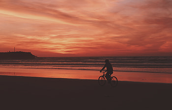 Sunset, Sea, Shore, Bank, Dark, Cyclist HD wallpaper