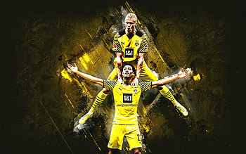 Erling Braut Haaland, Jude Bellingham, Borussia Dortmund, BVB, yellow stone background, Bundesliga, football, grunge art HD wallpaper