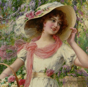 basket, lady, painting, flowers, hat HD wallpaper