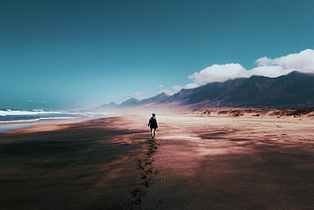 Walk alone, footprints, beach, mountains, coast, exploration HD wallpaper