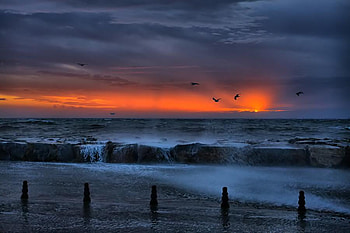 blue wave at sunset, beautiful, wave, sunset, beach HD wallpaper