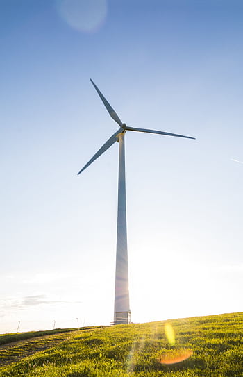 A wind turbine on a grassy hill with a clear blue sky symbolizes renewable energy. HD phone wallpaper