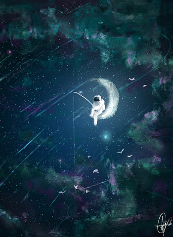 Artwork, astronaut, moon, fishing HD phone wallpaper