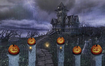 Haunted House on The Hill, pumpkins, scary, Halloween, eerie, autumn, digital art, haunted house, Rain HD wallpaper