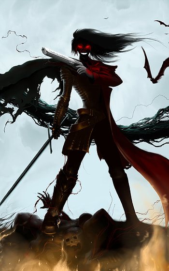 Alucard - Gothic Vampire: Pistol & Crimson Blade, warrior, Alucard (Hellsing), sword, dark, gothic, bat, Anime, Hellsing, dark anime HD phone wallpaper