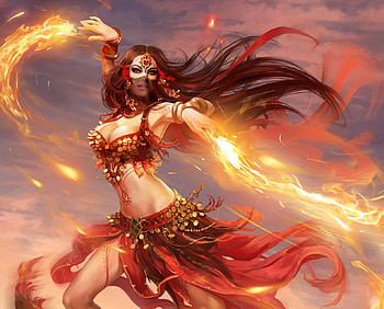 Fantasy girl, sorceress, frumusete, flying carpet, fantasy, red, luminos, grafit studio, fire HD wallpaper