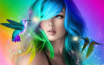 Colorful Hair, digital, art, hummingbird, colors, face, girl HD wallpaper