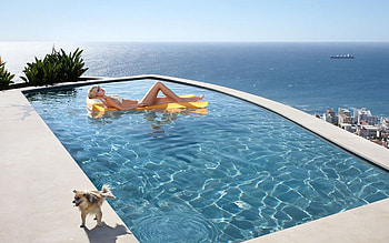 Relaxation, sea, city, pool, girl HD wallpaper