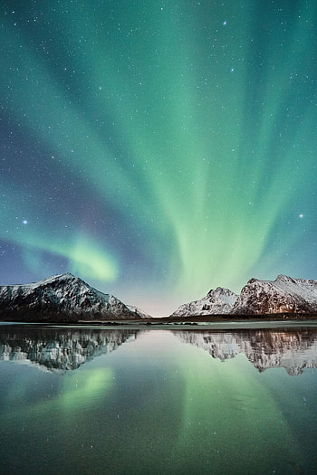Nature, Mountains, Snow, Reflection, Northern Lights, Aurora Borealis, Norway, Lofoten Islands HD phone wallpaper