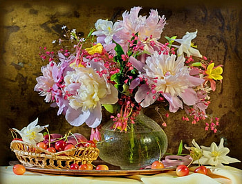 Still life, colorful, bouquet, spring, beauty, nice, fragrance, petals, elegance, cherries, vase, beautiful, fruits, tender, leaves, pretty, scent, flowers, lovely, harmony HD wallpaper