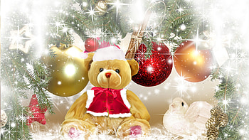 Magical Christmas Morning, winter, bird, feliz navidad, firefox persona, gold balls, xmas, teddy bear, red balls, cones, snow, christmas HD wallpaper