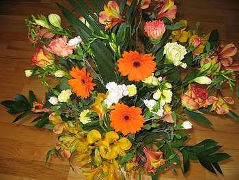 Flowers, Carnations, Gerberas, Bouquet, Composition HD wallpaper