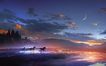 Horses Running at Night, night, clouds, horses, Moon HD wallpaper