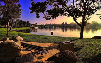 Nature, Stones, Lake, Shore, Bank, Park, Evening, Lawn, Bench HD wallpaper
