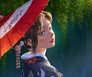 Tamayo, frumusete, kimono, asian, art, parasol, girl, chalky nan, fantasy, red, luminos HD wallpaper