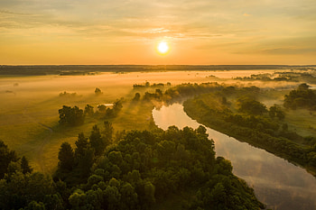 Nature, Rivers, Trees, Sunset, Sun, Fog HD wallpaper