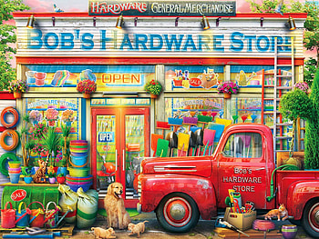 Bob's Hardware, truck, artwork, shop, painting, utensils, dogs, cat HD wallpaper