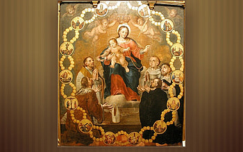 Our Lady of the Rosary, monks, Mary, Rosary, painting, angels HD wallpaper