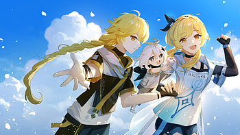 Genshin Impact, Aether (Genshin Impact), Lumine (Genshin Impact), Paimon (Genshin Impact) HD wallpaper