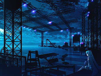 Hatsune Miku, night, blue, resting, anime, alone, sky HD wallpaper